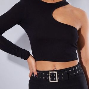 BLACK JERSEY CUT OUT ASYMETRIC CROP TOP PRETTYLITTLETHING